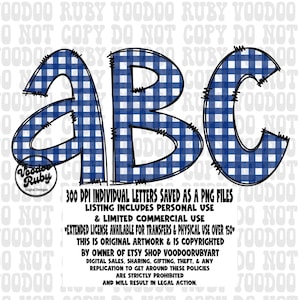 Letras de rabisco de guingão azul e branco PNG Sublimação Doodle Letras Design Alfabeto desenhado à mão Alpha Pack Download digital DTF para impressão