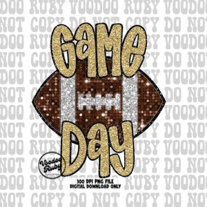 Gold Game Day Football PNG Design, Sublimation Hand Drawn Digital Download, Faux Embroidery Glitter Mascot DTF Printable Clip Art