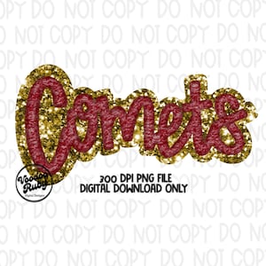 Puede incluir: Diseño gráfico de texto "Comets" en purpurina roja y dorada. Archivo PNG de 300 DPI, descarga digital únicamente.