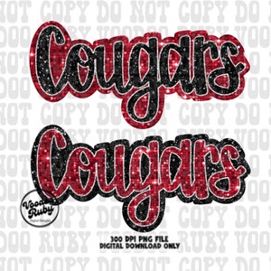 Glitter Cougars PNG Design, Hand Drawn Sublimation Digital Download, Faux Sequins Patch Red Black Cougars Football Clip Art