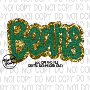 Op de afbeelding: Gouden glitter met een groene omtrek die het woord "Beans" spelt.