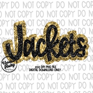 Pode incluir: Fundo de glitter dourado com a palavra "Jackets" em fonte de escrita cursiva preta.