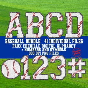 Pacote de letras de beisebol em PNG: Alfabeto e números em chenille falso (Download digital)