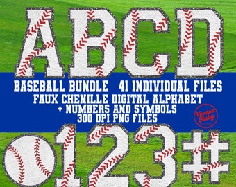 Baseball Letters Sports Design Bundle: Faux Chenille Alphabet & Numbers PNG (Digital Download)
