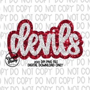 Red and White Silver Devils Mascot PNG Design: Hand-Drawn Glitter Sequins Sublimation (Digital Download)
