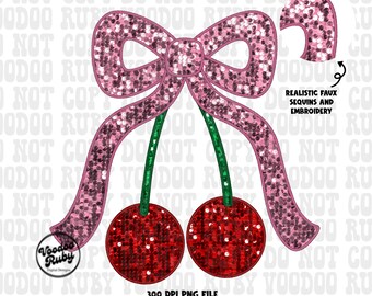 Pink Bow Cherries PNG: Coquette Faux Sequins Design (Digital Download)