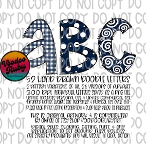 May include: A set of three hand-drawn doodle letters, A, B, and C, in a navy blue and white color scheme. The letter A is patterned with a blue and white gingham check, the letter B is patterned with white polka dots on a navy blue background, and the letter C is patterned with white swirls on a navy blue background. The text "52 HAND DRAWN DOODLE LETTERS" is below the letters.