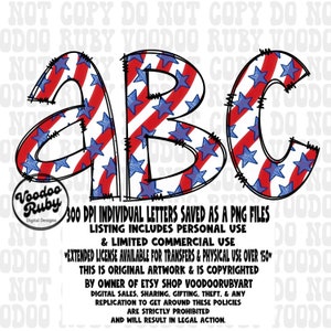 Patriotic Doodle Letters PNG Bundle: USA 4th of July Alphabet (Digital Download)
