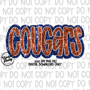 Cougars Mascot PNG Design, Glitter Sublimation Hand Drawn Digital Download, Faux Sequin Cougars Patch Design, Cougars Faux Appliqué Clip Art