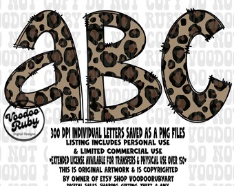 Leopard Print Doodle Letters Alphabet PNG Design: Hand Drawn Clipart (Digital Download)