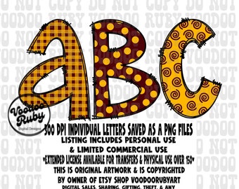 Paquete de letras estilo doodle en color granate y dorado, imágenes prediseñadas de alfabeto para sublimación en formato PNG (descarga digital)