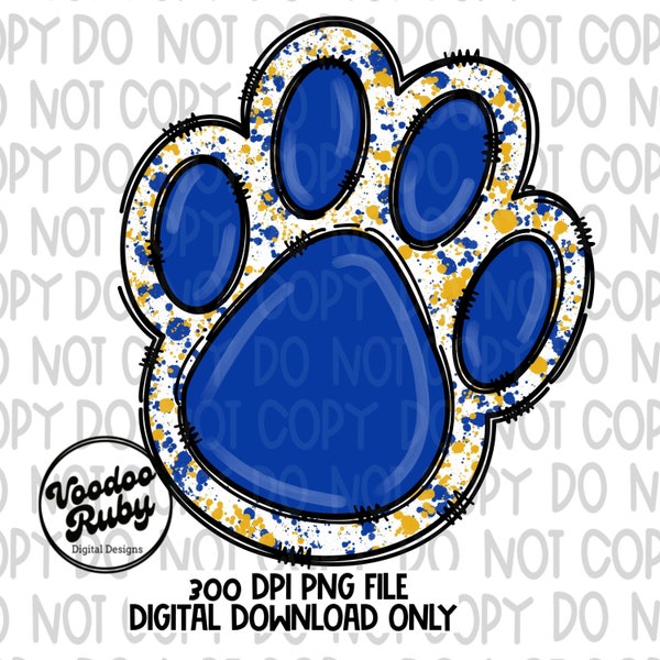 Blue Gold Paw PNG Design Sublimation Hand Drawn Digital Download Paw Print Doodle Mascot Clip Art DTF Printable