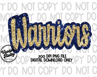 Blå och guld krigarmaskot PNG-design: Handritad sublimering med glitterpaljetter (digital nedladdning)
