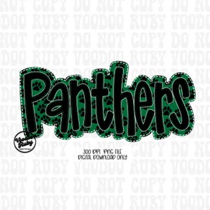 May include: A digital graphic design featuring the word Panthers in a bold black font with a thick black outline. The letters are filled with a green background patterned with small black paw prints. A small circular logo reads Voodoo Ruby.
