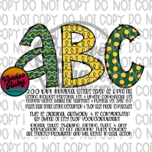 Doodle Letras PNG Alfabeto Pacote Mão Desenhada Alpha Pack Digital Download Verde Ouro Sublimação Alfabeto Futebol PNG DTF Imprimível