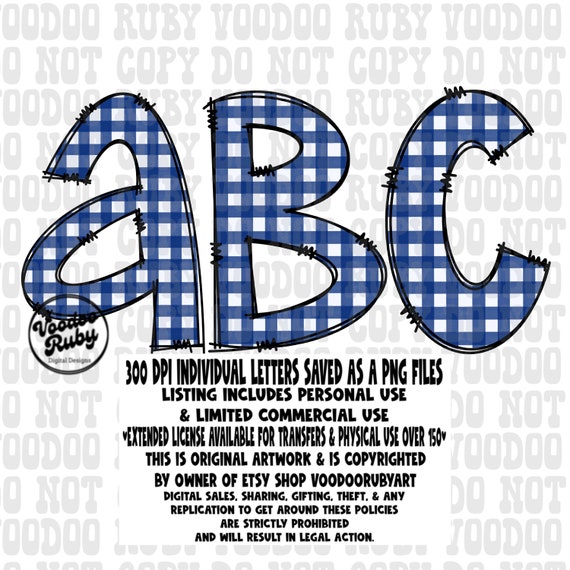 Gingham Doodle Letters: Blue and White Alphabet PNG (Digital Download)