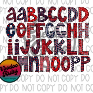 Navy Blue and Red Doodle Letters PNG Sublimation Alphabet Bundle Hand ...