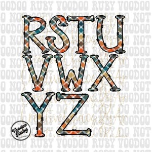 May include: A set of plaid alphabet letters in orange, brown, blue, and white. The letters are R, S, T, U, V, W, X, Y, and Z.