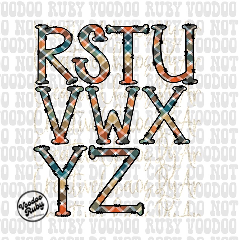 May include: A set of plaid alphabet letters in orange, brown, blue, and white. The letters are R, S, T, U, V, W, X, Y, and Z.