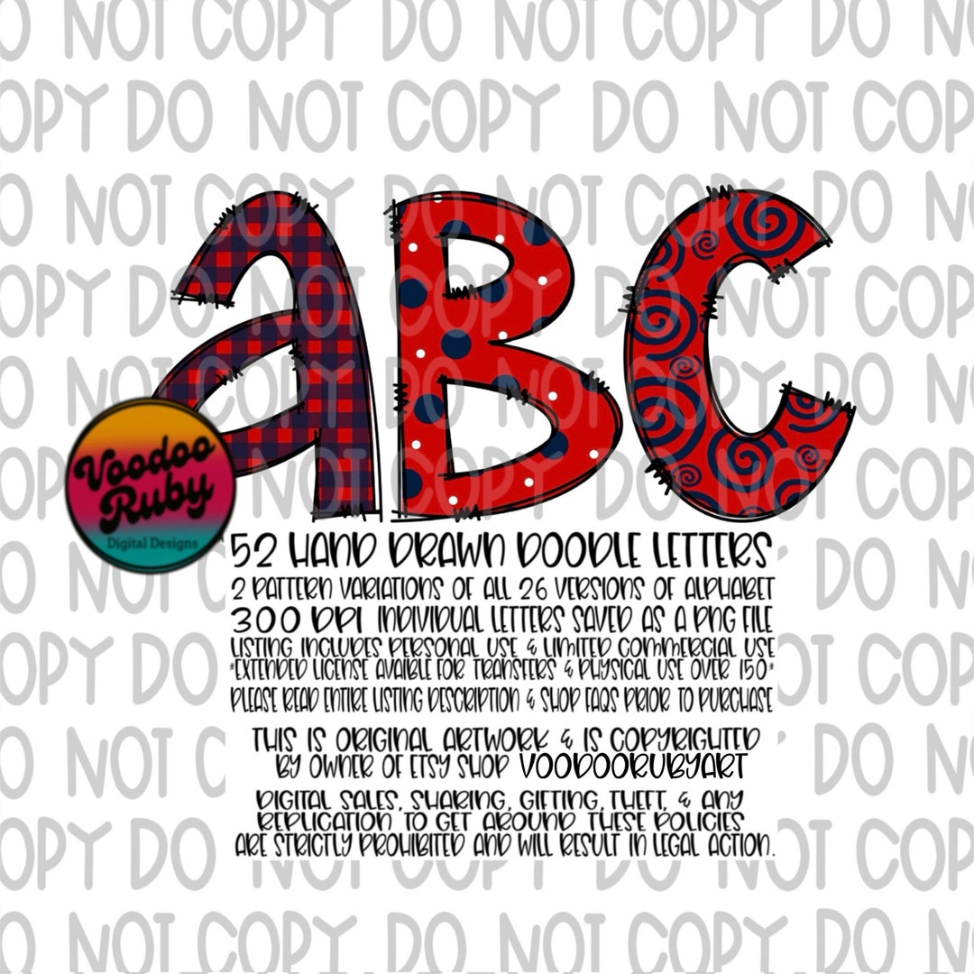 Navy Blue and Red Doodle Letters PNG Sublimation Alphabet Bundle Hand ...