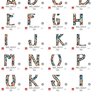 May include: A set of 26 alphabet letters in a plaid pattern with a fall color scheme. The letters are outlined in black and have a doodle-like style. The letters are arranged in four rows of six letters each.