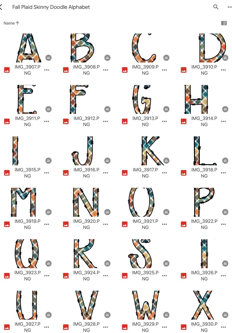 May include: A set of 26 alphabet letters in a plaid pattern with a fall color scheme. The letters are outlined in black and have a doodle-like style. The letters are arranged in four rows of six letters each.