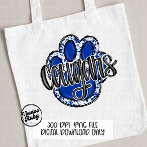 May include: Blue and white paw print with the word "Cougar" in black text.