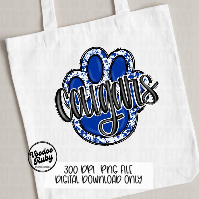 May include: Blue and white paw print with the word "Cougar" in black text.