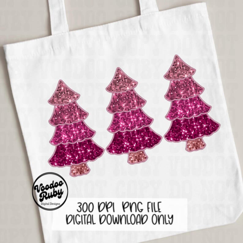 Puede incluir: Tres &aacute;rboles de Navidad de purpurina rosa sobre un fondo blanco. Los &aacute;rboles est&aacute;n en capas con diferentes tonos de purpurina rosa. La imagen incluye el texto "300 DPI PNG FILE DIGITAL DOWNLOAD ONLY".
