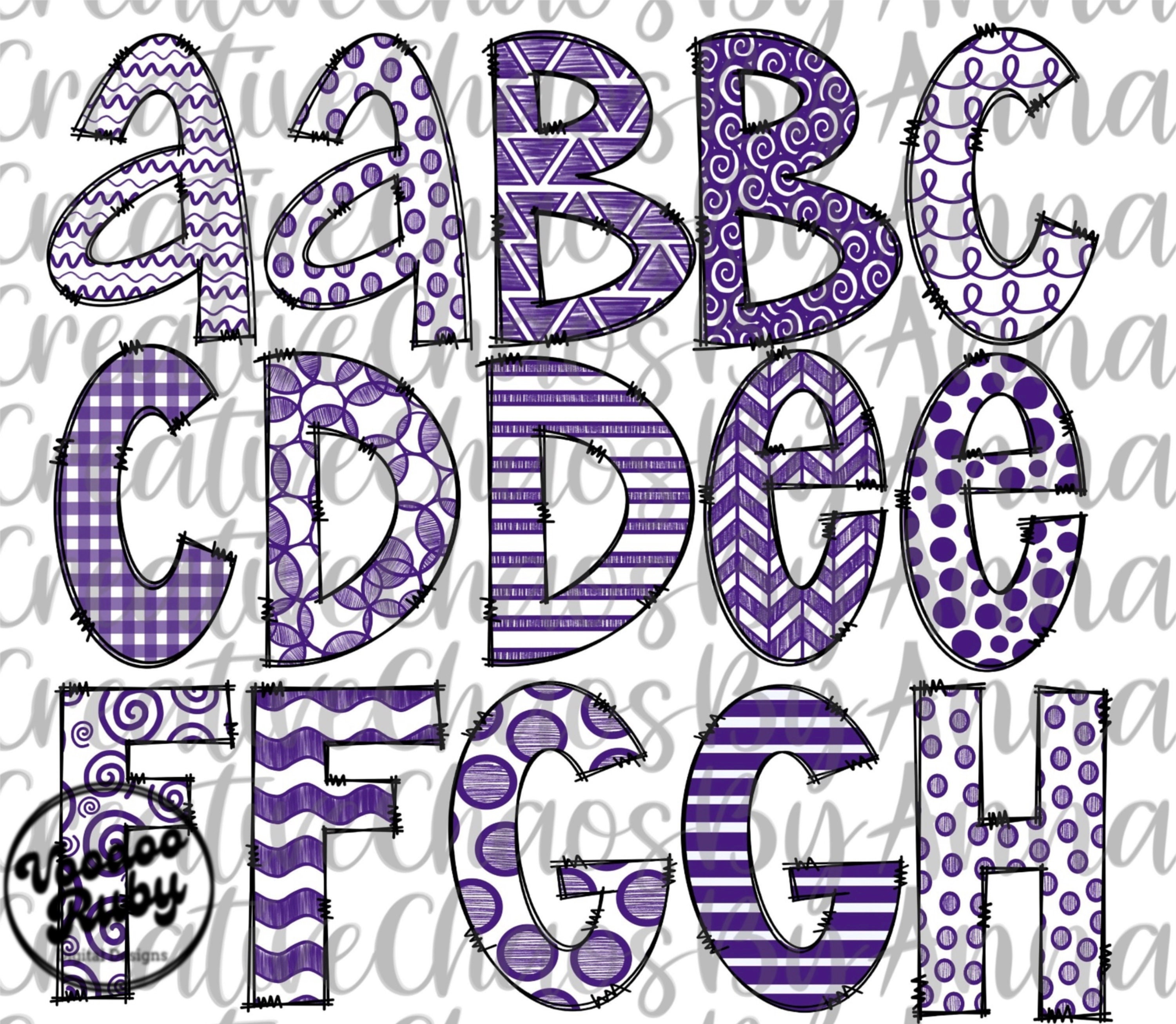 Doodle Alphabet PNG Bundle: Purple & White Letters (digital Download ...