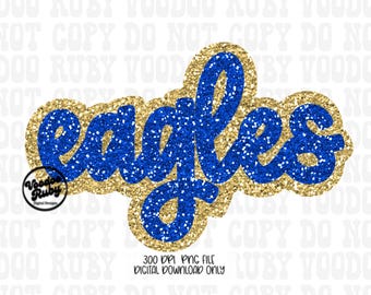 Blue and Gold Eagles Mascot PNG Design: Hand-Drawn Glitter Sequins Sublimation (Digital Download)