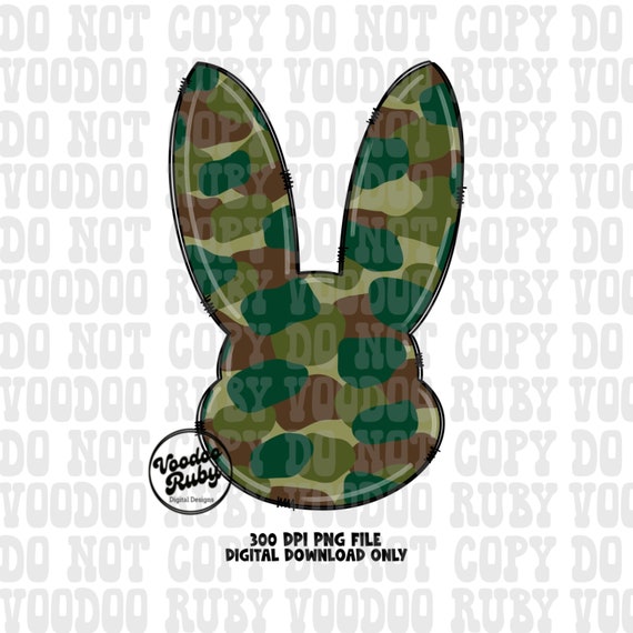 Easter Camo Bunny PNG Design, Hand Drawn Rabbit Digital Download, Camouflage Doodle Sketched Sublimation Clip Art, Boys Easter DTF Printable