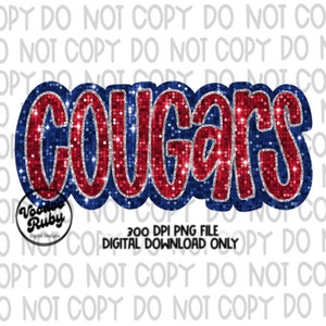 Cougars Mascot PNG Design, Sublimation Hand Drawn Digital Download, Red and Blue Football Faux Sequin Glitter Patch DTF Printable Clip Art