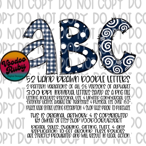 Doodle Letters Alphabet Bundle: Navy Blue & White PNG (Digital Download)