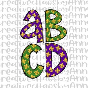 Mardi Gras Doodle Letters Louisiana Alphabet Bundle PNG Hand Drawn Alpha Pack Digital Download Sublimation Blanks Cajun Clip Art
