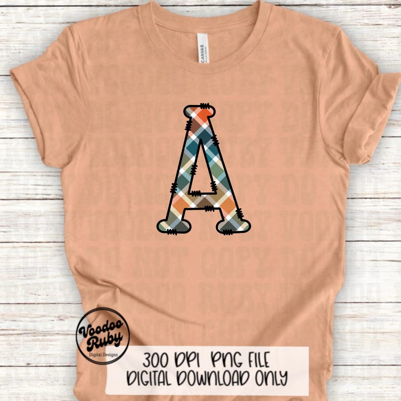 May include: A digital download of a 300 DPI PNG file featuring a plaid letter A in orange, blue, and green colors. The letter is outlined in black and has a distressed look. The text "300 DPI PNG FILE DIGITAL DOWNLOAD ONLY" is at the bottom of the image.