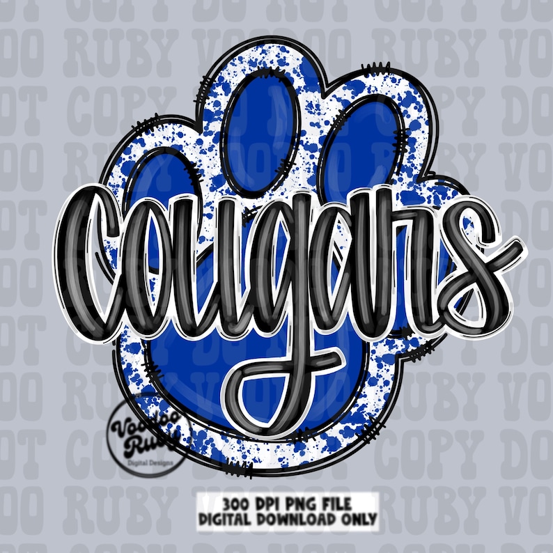 May include: Blue and white paw print with the word "Cougar" in black and gray lettering. The paw print has a white splatter effect.