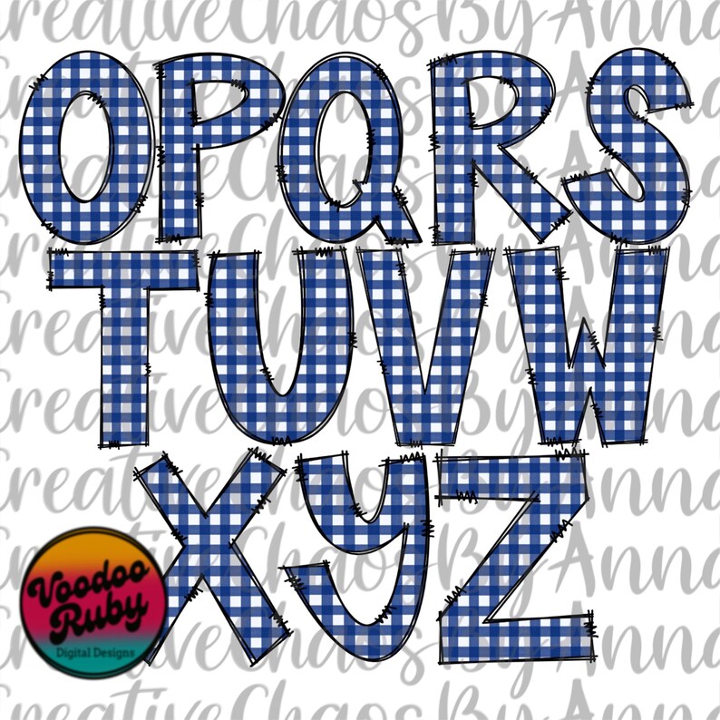 May include: A digital design featuring the letters O, P, Q, R, S, T, U, V, W, X, Y, and Z. Each letter is filled with a blue and white gingham pattern and outlined in black. The design includes the text "Voodoo Ruby Digital Designs."