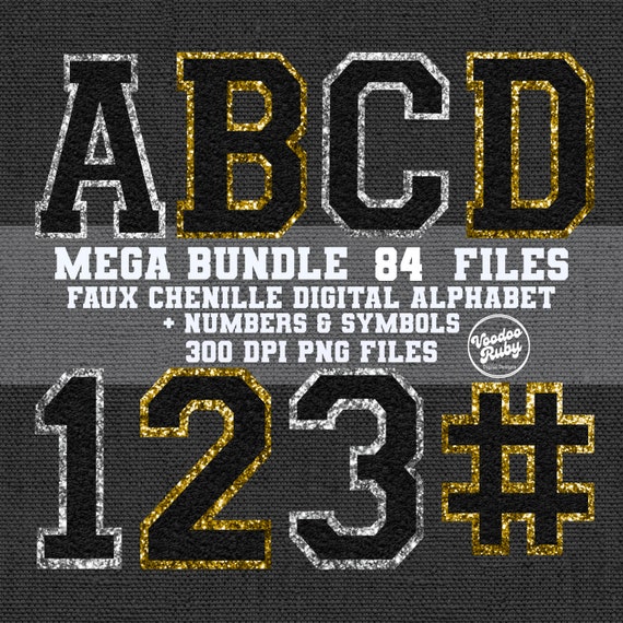 Black Gold Silver Sports Alphabet Design Bundle: Faux Chenille Patch PNG (Digital Download)