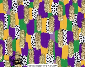 May include: A digital paper pattern featuring a repeating design of purple, green, gold, and white brushstrokes and polka dots. The text "300 DPI PNG FILES NOT SEAMLESS DIGITAL DOWNLOAD ONLY" is at the bottom of the image.