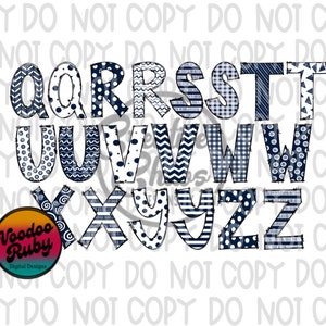 May include: A set of alphabet letters in a navy blue and white colour scheme. Each letter is decorated with a different pattern, including polka dots, stripes, and chevron.