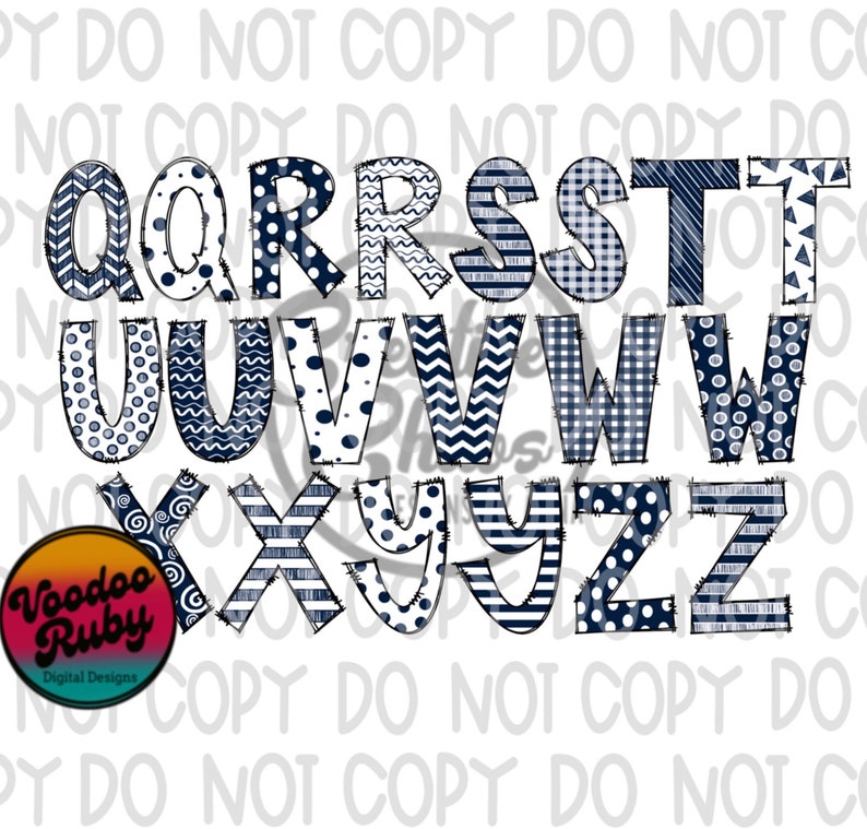 May include: A set of alphabet letters in a navy blue and white colour scheme. Each letter is decorated with a different pattern, including polka dots, stripes, and chevron.