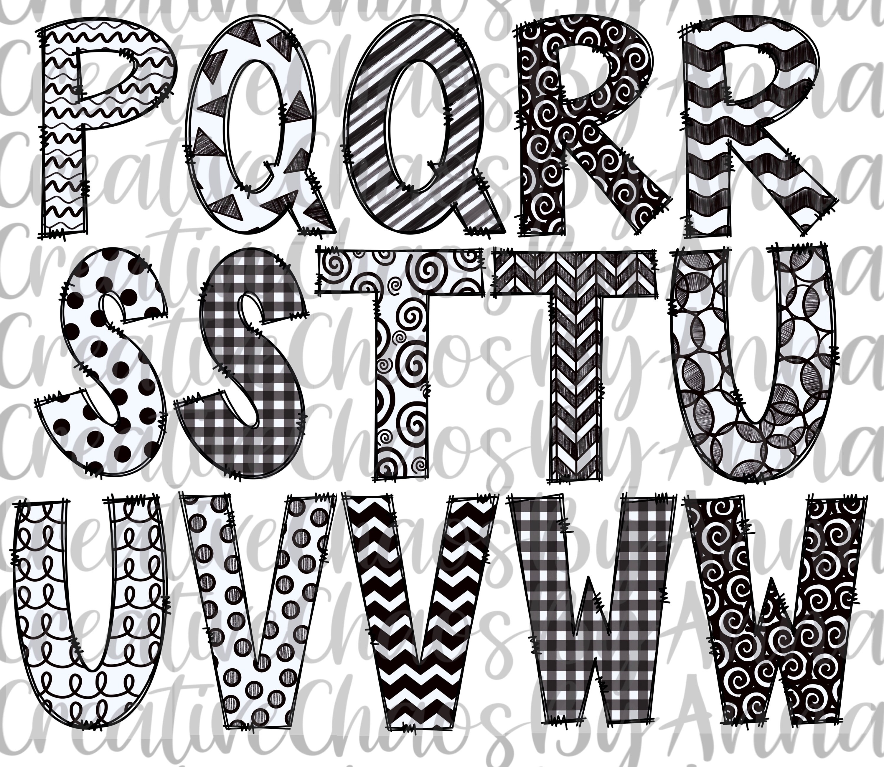 Black and White Doodle Letters Alphabet Bundle PNG Hand - Etsy