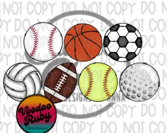 Sports Balls Bundle PNG Design Sublimation Hand Drawn Digital Download Baseball Basketball Soccer Volleyball Football Softball Golf PNG DTF