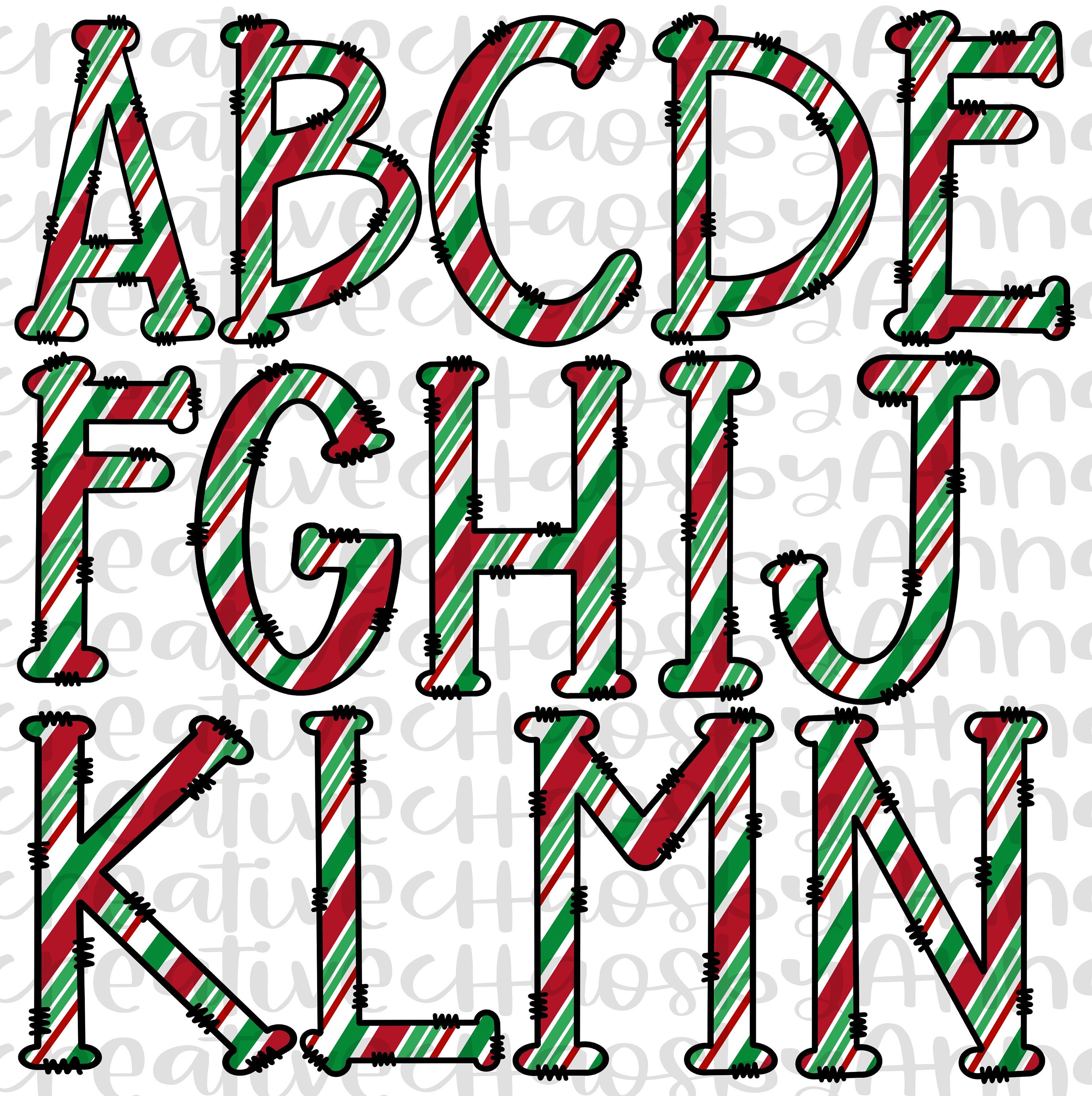 Instant Download Alphabet PNG Sublimation Letters Christmas Doodle Alphabet Letters Sublimation PNG Red Stripe Letters PNG