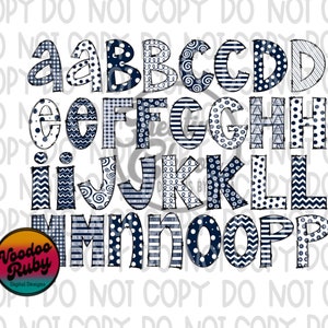 May include: A set of alphabet letters in a navy blue and white colour scheme. Each letter is decorated with a different pattern, including polka dots, stripes, and chevron.