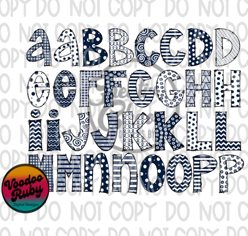 May include: A set of alphabet letters in a navy blue and white colour scheme. Each letter is decorated with a different pattern, including polka dots, stripes, and chevron.