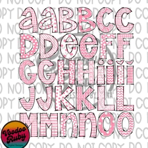 May include: Pink alphabet letters with different patterns, including polka dots, stripes, and gingham. The letters are outlined in black.