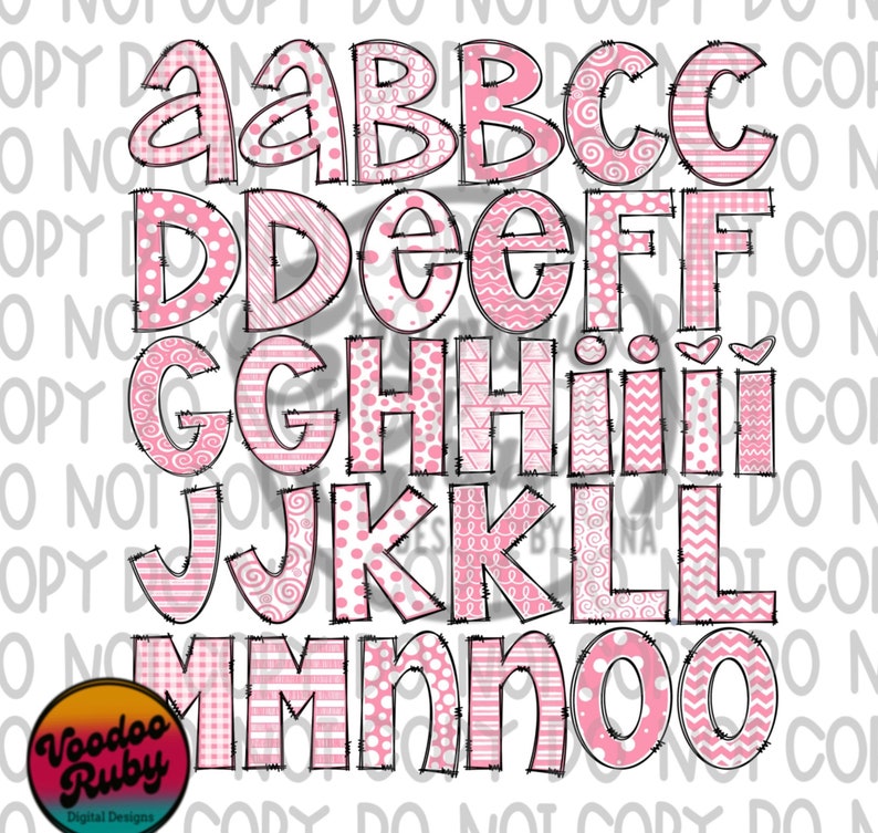 May include: Pink alphabet letters with different patterns, including polka dots, stripes, and gingham. The letters are outlined in black.