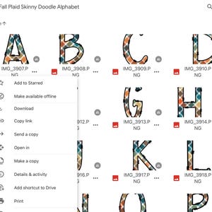 May include: A set of alphabet letters in a plaid pattern with a doodle style. The letters are in a fall color palette of orange, brown, teal, and cream.
